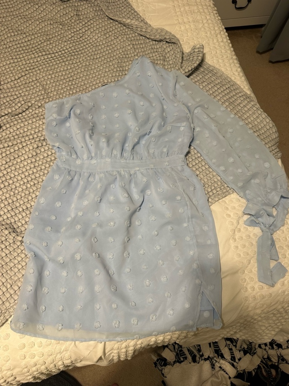 Women’s Light Blue One-Shoulder Dress with Textured Dot Detail